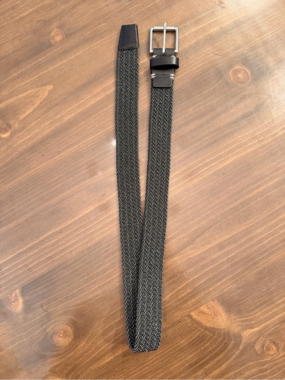 Cole Haan Stretch Woven Belt S Gray Charcoal Braided with Brown Leather Trim